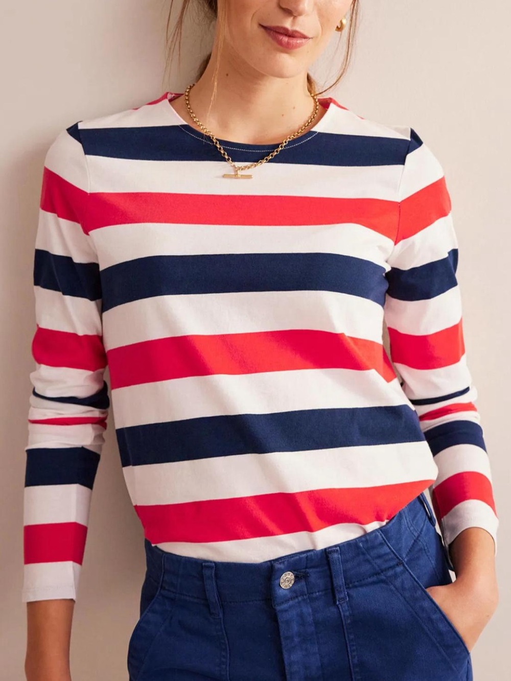 Boden Bea Long Sleeve Breton Red White and Blue Striped T-Shirt Size 16-18